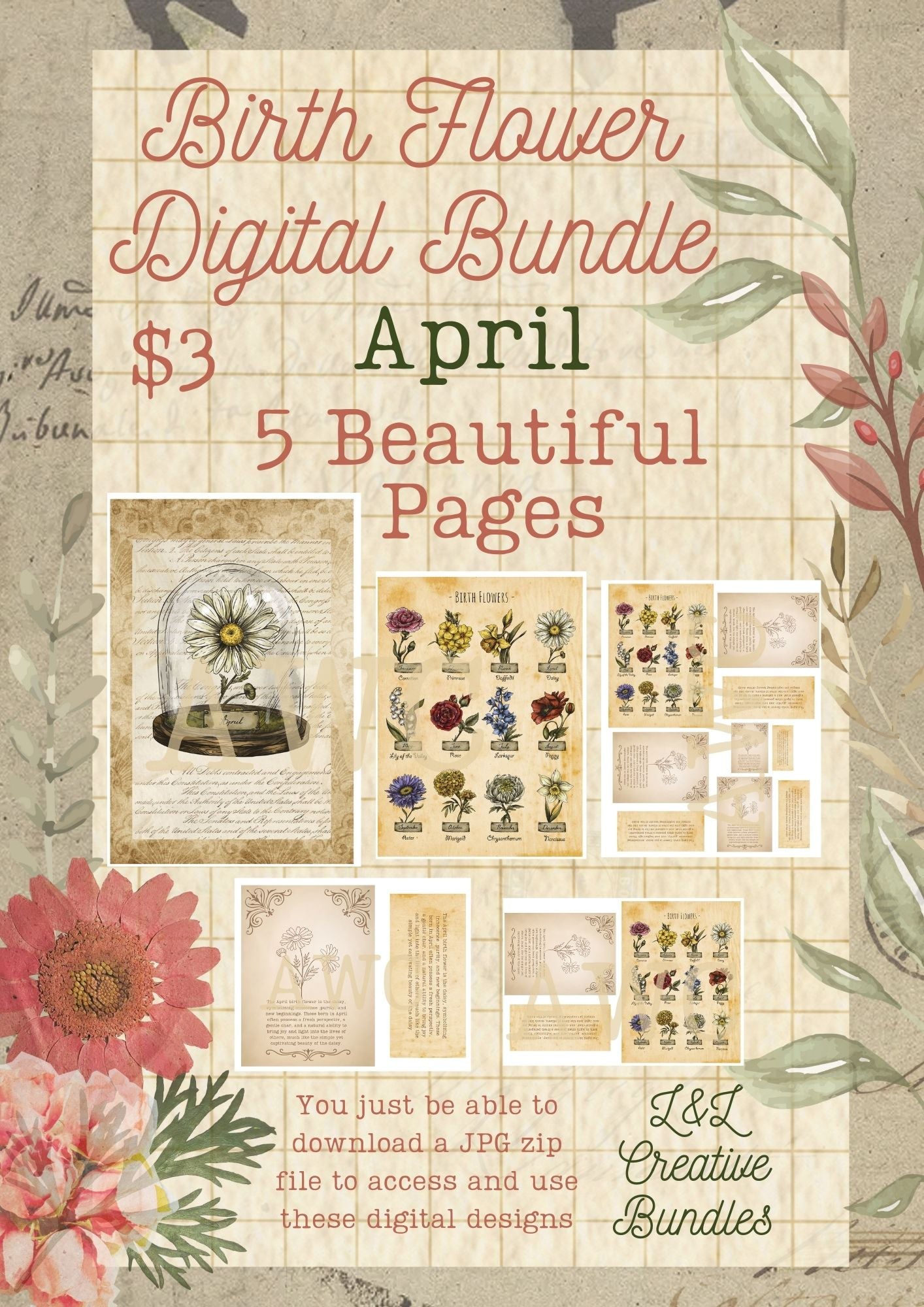 April Birth Flower Digital Bundle