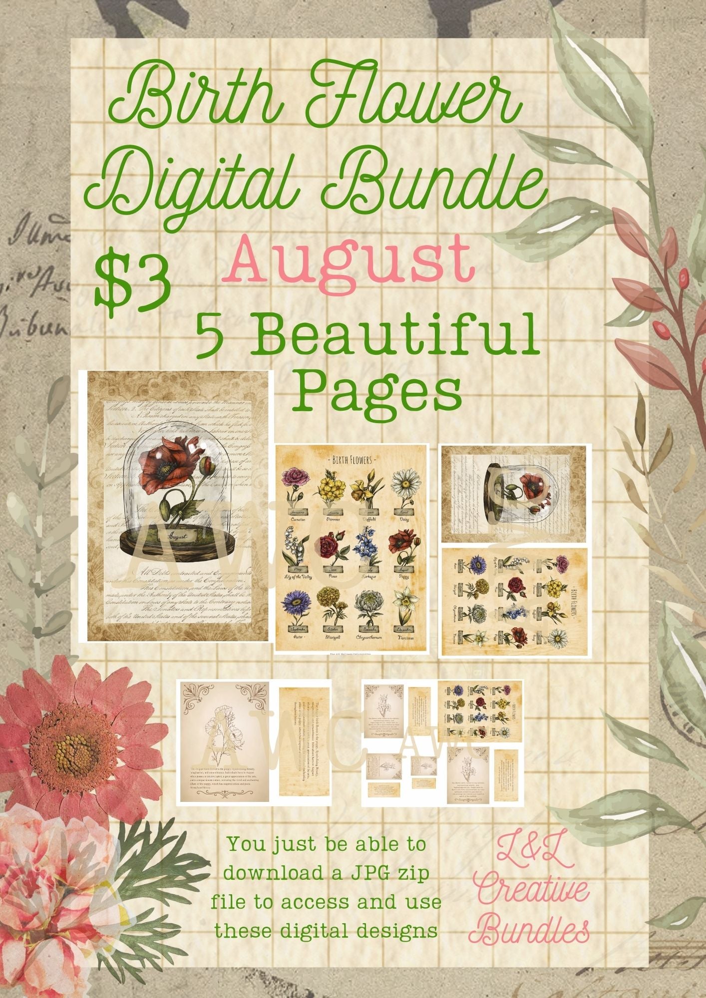 August Birth Flower Digital Bundle