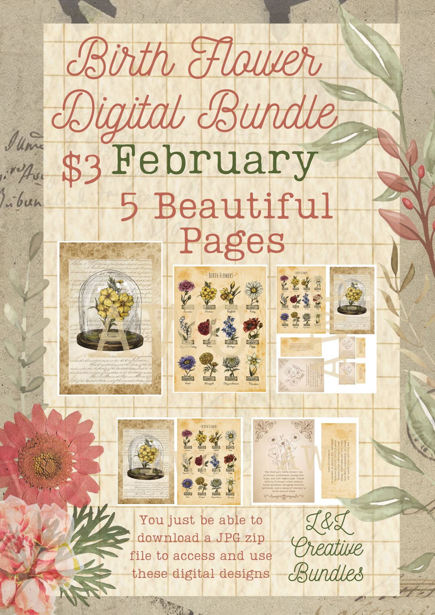 February Birth Flower Digital Bundle