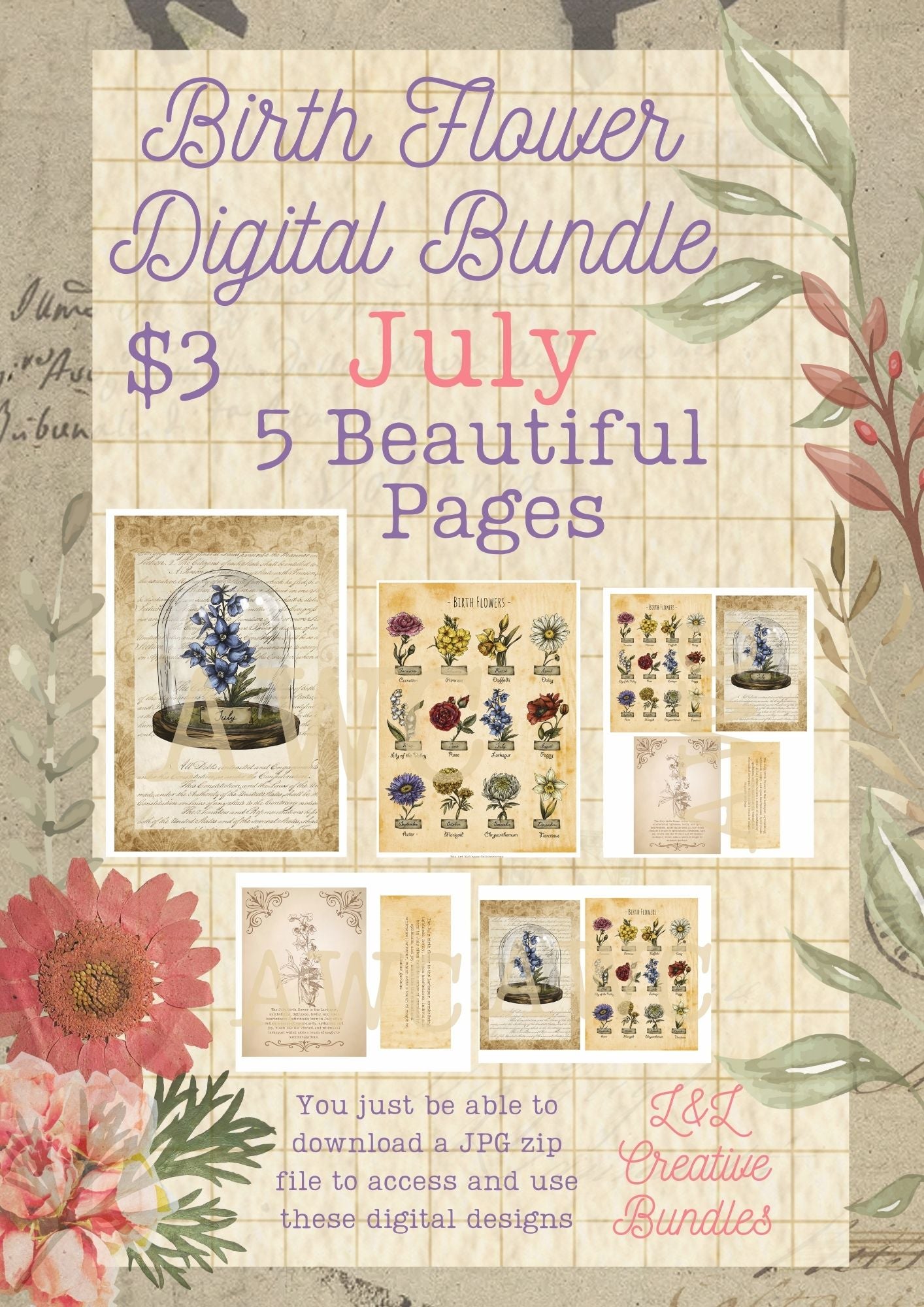 July Birth Flower Digital Bundle